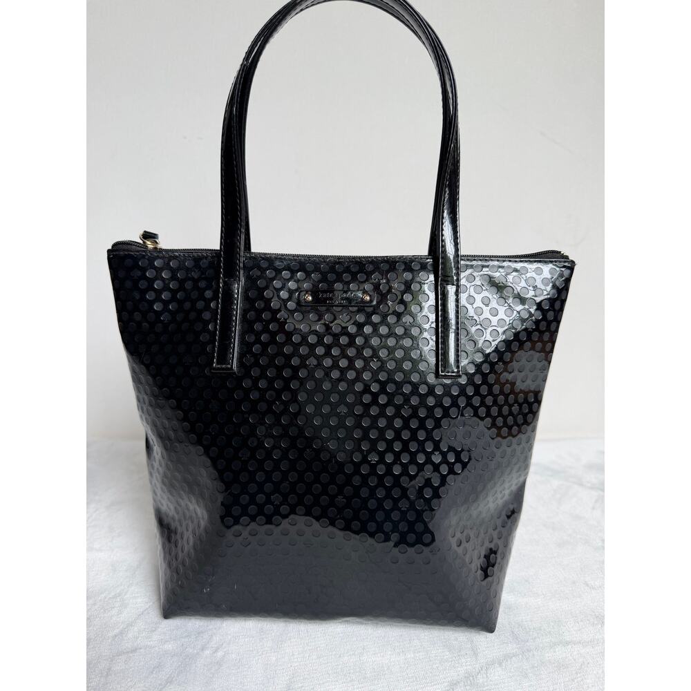 Kate Spade Beale Street Jeralyn Black Patent Vinyl Tote Polka Dots Zip-Top